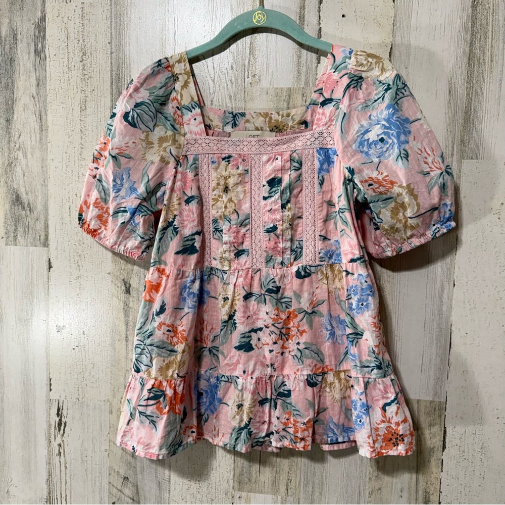 LOFT Multicolor Floral Blouse with Lace Detail